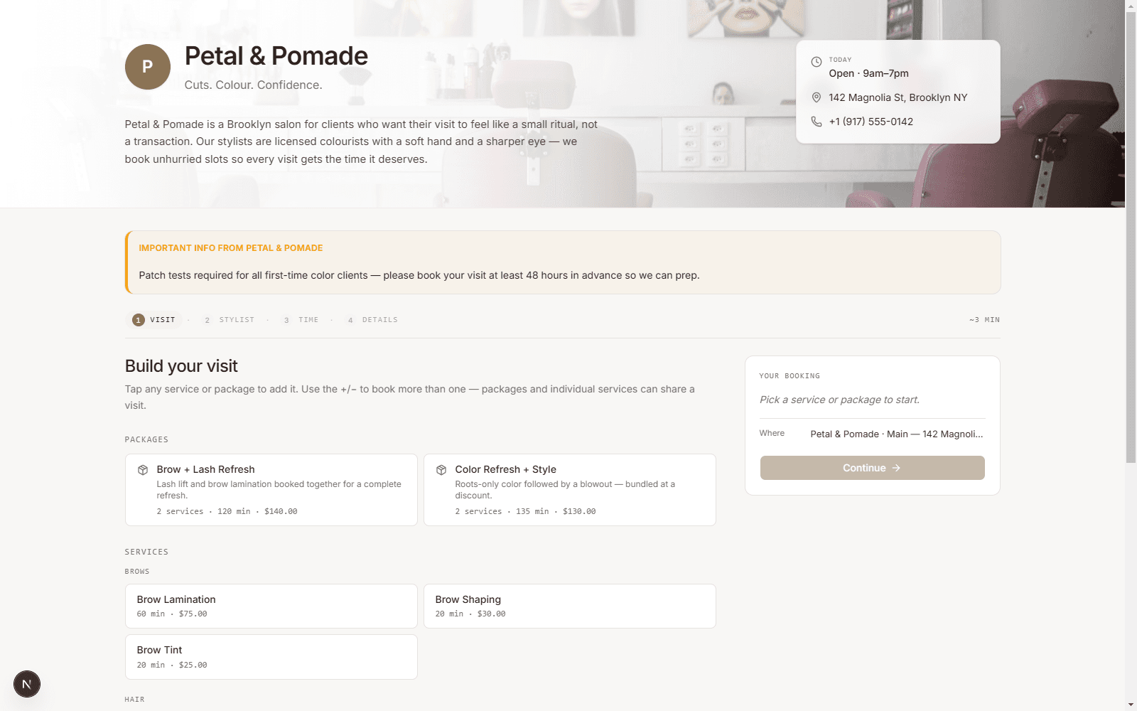 The Flowesce public booking page for a salon called Petal & Pomade.